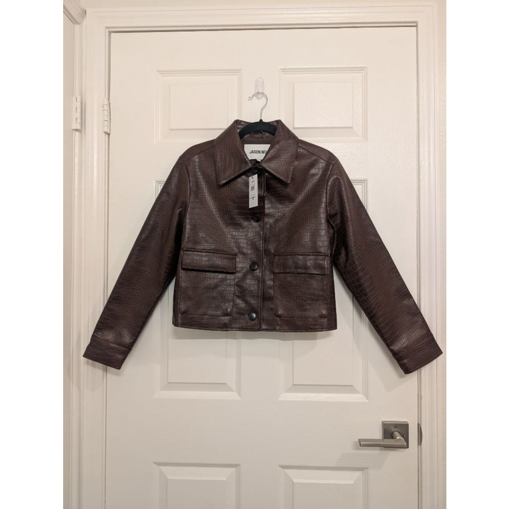 Women's Jason Wu Croc Embossed Leather Jacket S Chocolate Brown Edgy Classic - Picture 2 of 8
